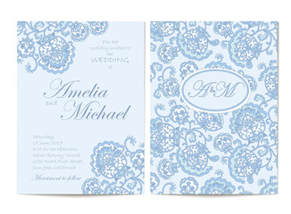 Elegant wedding invitation card template in light blue colors. Flyer decorated with ornamental flower. Greeting card with floral pattern. Vertical Background. Vector illustrator. Stock vector.