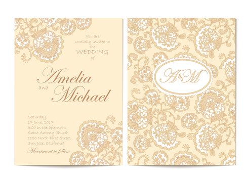 Elegant wedding invitation card template in beige colors. Flyer decorated with ornamental flower. Greeting card with floral pattern. Vertical Background. Vector illustrator. Stock vector.