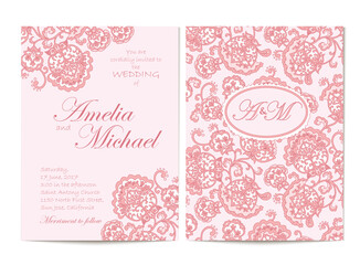 Elegant wedding invitation card template in pink colors. Flyer decorated with ornamental flower. Greeting card with floral pattern. Vertical Background. Vector illustrator. Stock vector.