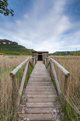 Bird watchers wooden hide near lake