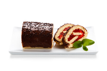 Sweet cake with strawberry jelly on white background