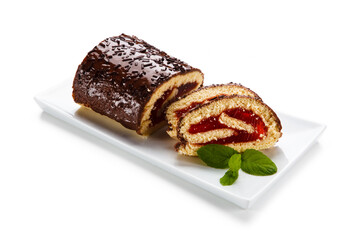 Sweet cake with strawberry jelly on white background