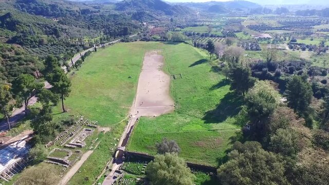 Aerial drone video of ancient Olympia, birthplace of the Olympic games, Peloponnese, Greece
