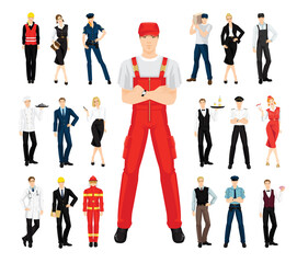 Vector illustration of professional people in different uniform and pose on white background