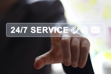 Businessman pressing button 24 hours service modern technology panel