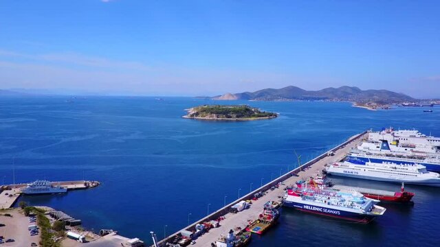 Aerial drone video of Psitaleia island and industrial area of Peiraeus, Attica, Greece