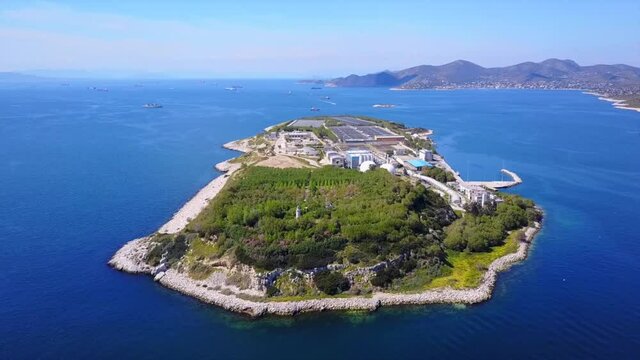 Aerial drone video of Psitaleia island and industrial area of Peiraeus, Attica, Greece