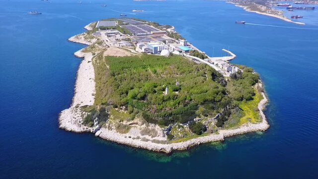 Aerial drone video of Psitaleia island and industrial area of Peiraeus, Attica, Greece