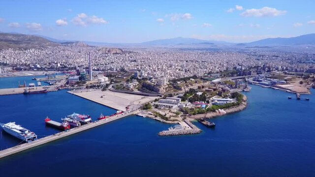 Aerial drone video of Psitaleia island and industrial area of Peiraeus, Attica, Greece