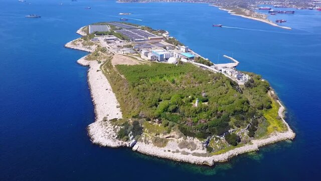 Aerial drone video of Psitaleia island and industrial area of Peiraeus, Attica, Greece