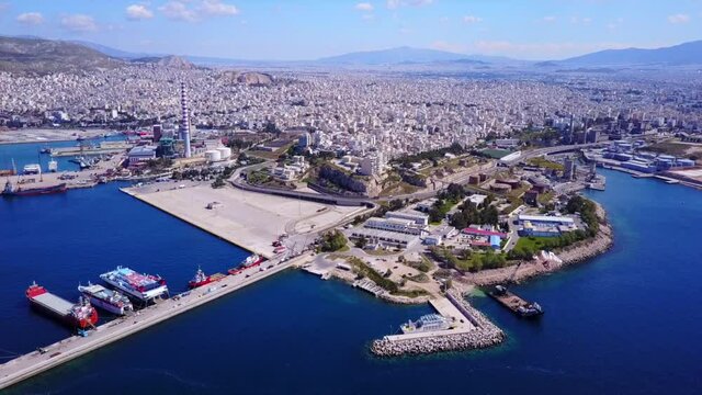 Aerial drone video of Psitaleia island and industrial area of Peiraeus, Attica, Greece