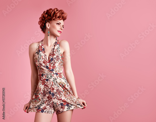 Fashion Model In Sexy Jumpsuit Stylish Mohawk Hairstyle Beauty Woman In Trendy Summer Dress