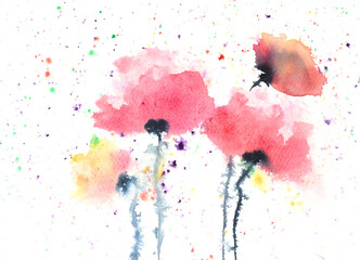 Abstract poppy flowers painting, watercolor painting in impressionism style
