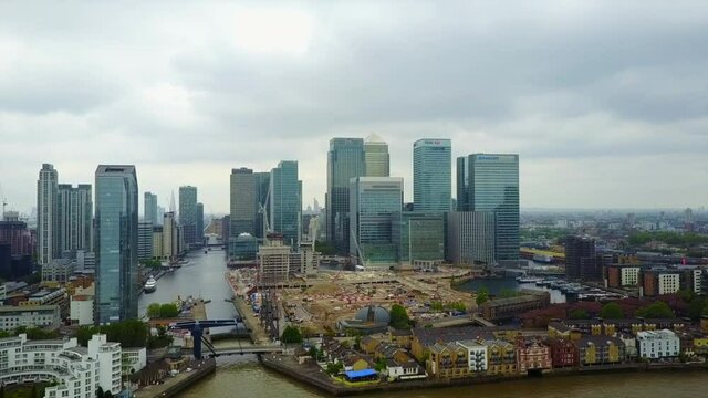 Aerial drone video of Canary Warf, London, United Kingdom