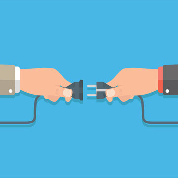Businessmen connecting hold plug and outlet in hand, Cooperation, Partnership concept. Vector illustration in flat design.