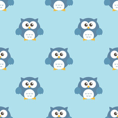 Owls cartoon character Seamless pattern. Cute owls standing on blue background. Flat design Vector illustration.