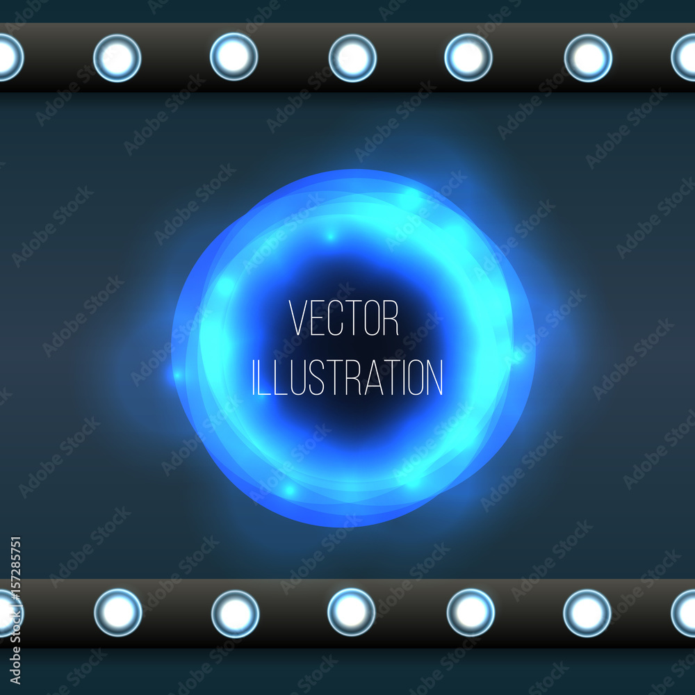 Sticker Transparent blue, black, neon round banner. Abstract glowing vector scope. Bright light effect. Template neon frame with stars and bulbs. Space for text. Illustration