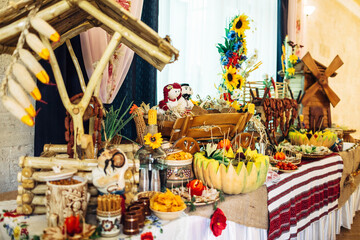Dinner table with snacks served in ethnic style