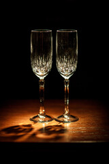 Crystal champagne flutes stand on wooden table