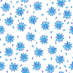 Hand drawn flower seamless pattern (tiling). Colorful seamless pattern with tiny flowers and petals. Perfect for textile design, wallpaper, pattern fills. Isolated objects on a white background.