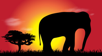 Naklejka na ściany i meble Vector silhouette of elephant at savana.