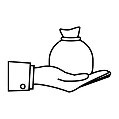 hand holding a money sack icon over white background. vector illustration