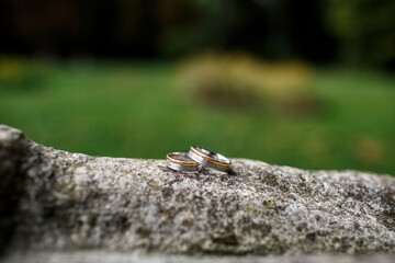 Wedding rings lie on the stone