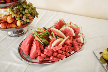 Pieces of watermelon served on the dish