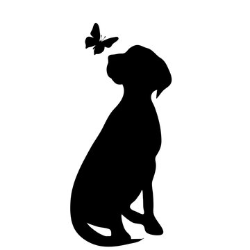 Vector silhouette of dog with butterfly on white background.