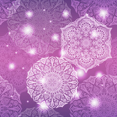 Ornate floral seamless texture, endless pattern with glowing bright mandala elements