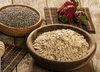 Oatmeal with chia seeds. Bowl of cereal.