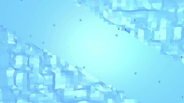 Blue low poly transforming surface as origami landscape. Blue polygonal geometric transforming environment or pulsating background in cartoon low poly popular modern stylish 3D design. Free space