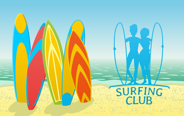 Surfing club design with surfboards