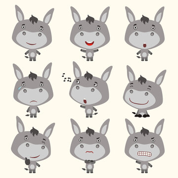 Set funny donkey in different poses. Collection isolated donkey in cartoon style for design children holiday and goods.