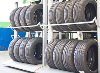 Rows Of New Tires On Rack