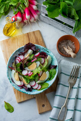 Salad from fresh leaves of lettuce, chard, spice, beets, arugula, radish and boiled eggs in a ceramic plate on a light background. Selective focus.