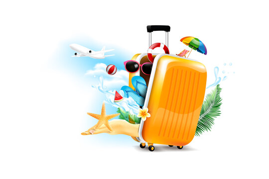 Air plane open luggage travel case with Starfish flower palm leaf sand beach element on the white background for summer tour concept vector illustration