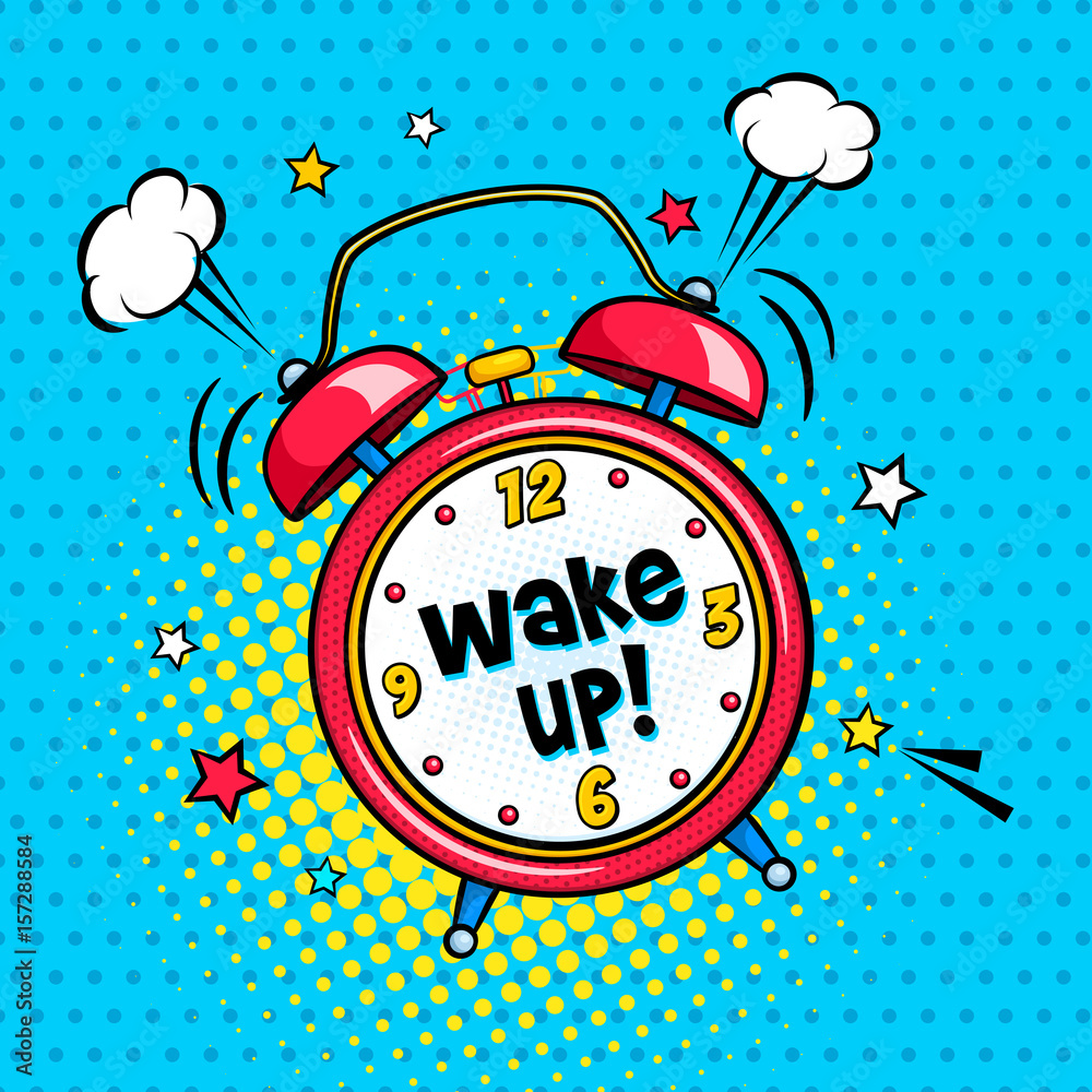 Wall mural background with red comic alarm clock ringing and expression wake up text on the dial. vector bright