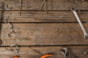 Hand tools on wooden table