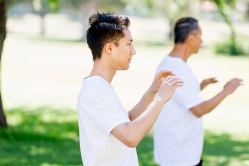 People practicing thai chi in park