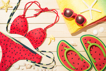 beach accessories, cute watermelon pattern bikini and flip flops