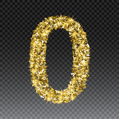 Gold glittering number zero. Vector shining golden font figure lettering of sparkles on checkered background.