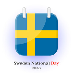 Calendar Icon with Sweden flag and lettering for your design isolated on blue background in cartoon style for Independence Day. Vector illustration. Holiday Collection.