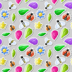 Insects stikers - summer seamless pattern. Nature kids background