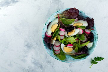 Salad from fresh leaves of lettuce, chard, spice, beets, arugula, radish and boiled eggs in a ceramic plate on a light background. Selective focus.