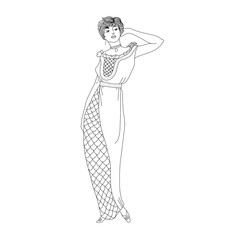 Beautiful retro style woman. Vector illustration. Vintage girl with long beads. Adult anti-stress coloring.