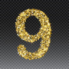 Gold glittering number nine.Vector shining golden font figure lettering of sparkles on checkered background.