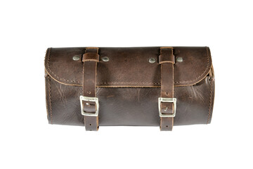 Round vintage leather tool Bag with isolated on white background