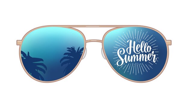 Aviator modern sunglasses with palms reflection and Hello Summer hand drawn lettering with rays. Vector color flat illustration isolated on white background. For oster and banner