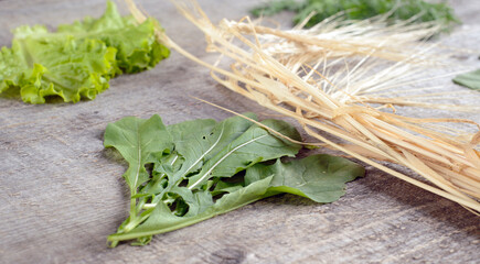 Organic food.wheat spica and ingredients for salad on old, rustic, wooden table. top view